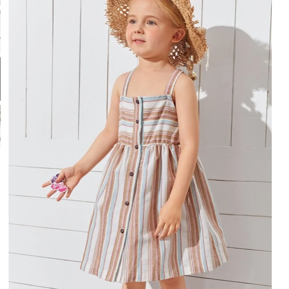 Cream Multicolor Stripe Crisscross Back Button Strap Dress NEW